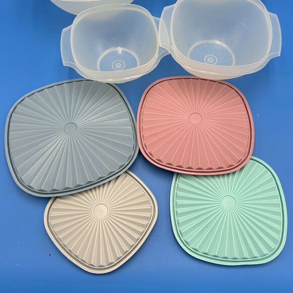 Vintage Tupperware Servalier Bowls Set 4 Sunburst Lid Seal Pink Aqua Almond Blue - Picture 5 of 16
